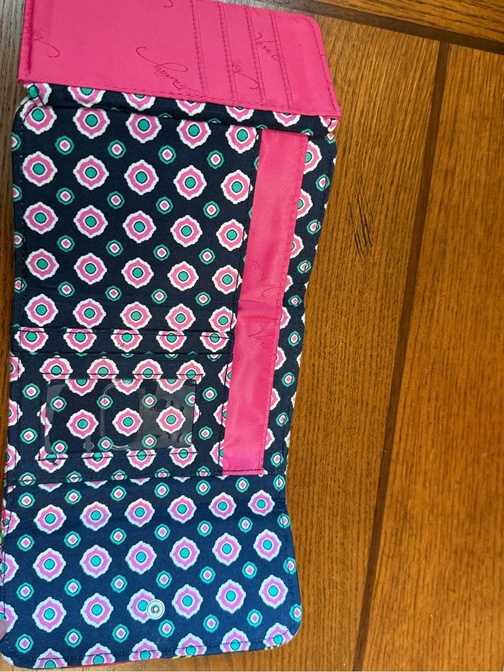 Vera Bradley Navy Floral Quilted Tri-Fold Card Holder with Pink & Green Accents